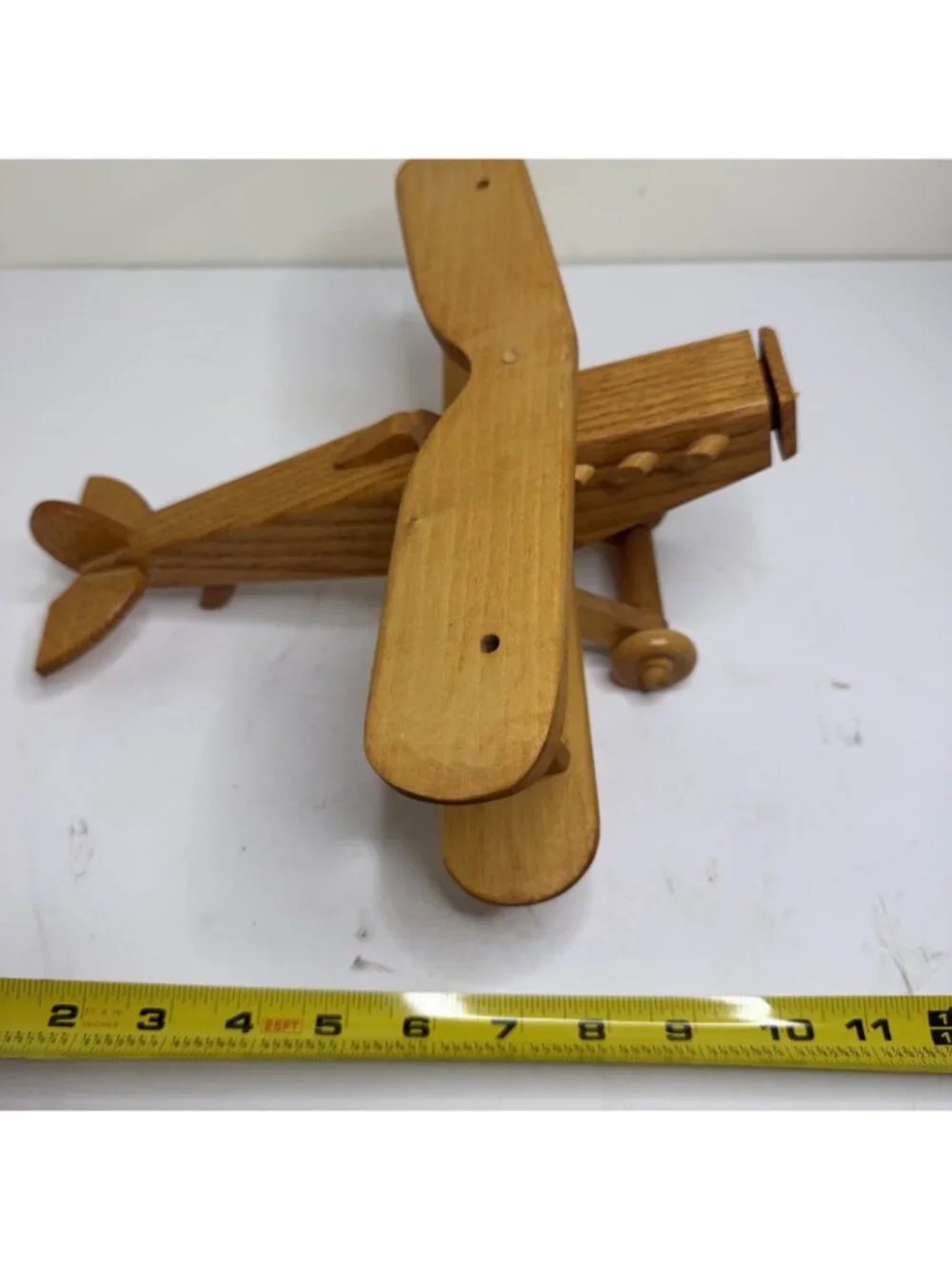 Vintage Natural Wood Handcrafted Wooden Double Wing Biplane Toy Collectible